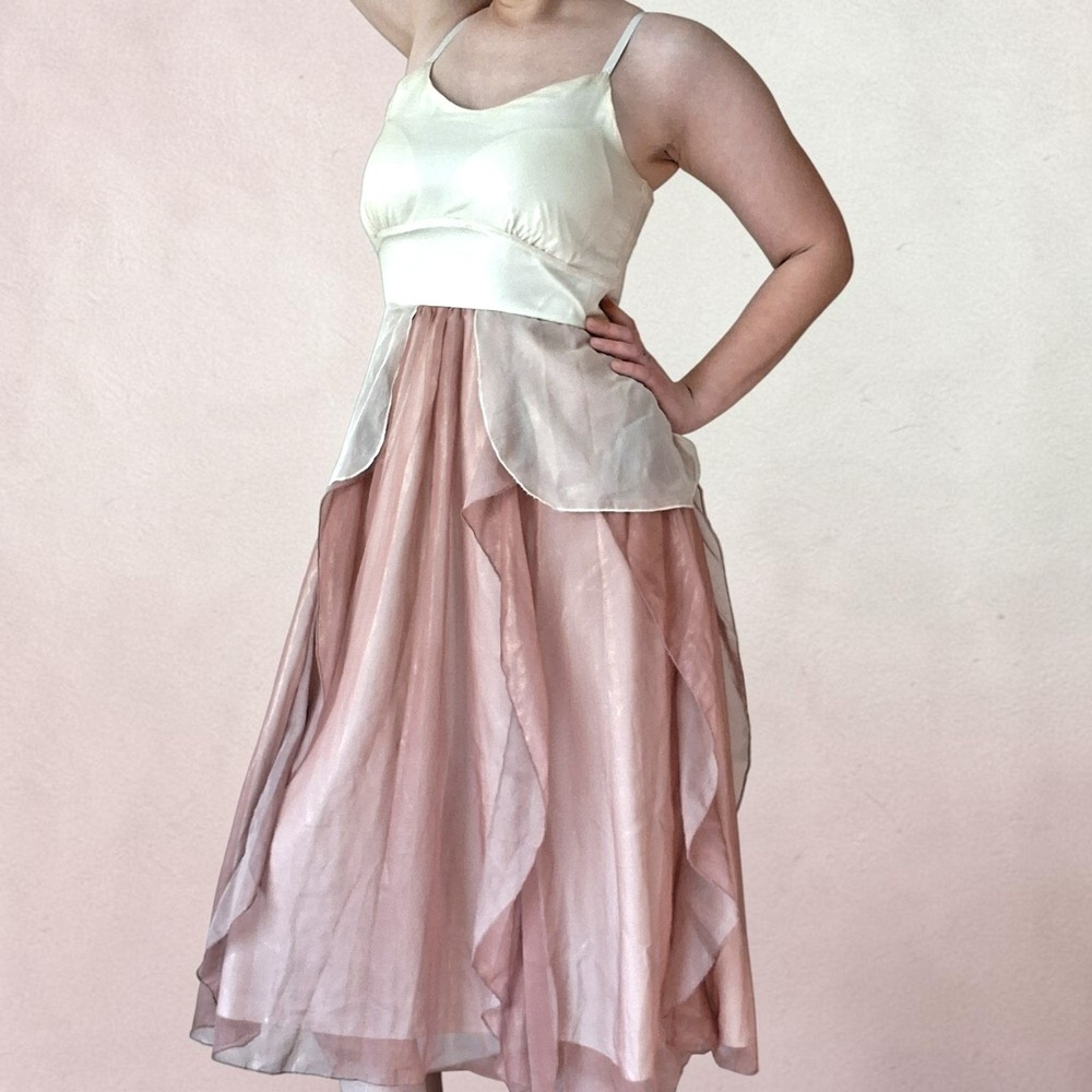 Vintage Y2K Dusty Rose Pink Cream Ivory Organza Layered Midi Dress Fairycore M - Picture 15 of 16